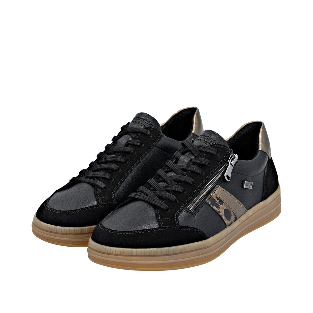Remonte D2C04-03 women's black leather water-resistant trainers with zip, lace-up closure, and tan sole.