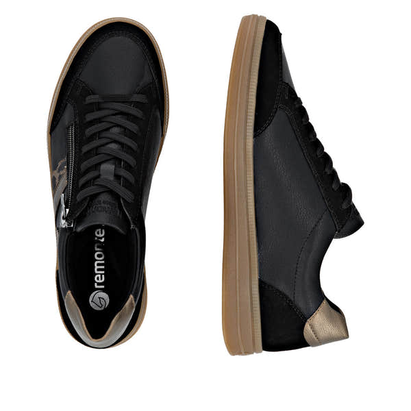 Remonte D2C04-03 women's black leather water-resistant trainers with zip and lace closure, wide fit, and tan sole.