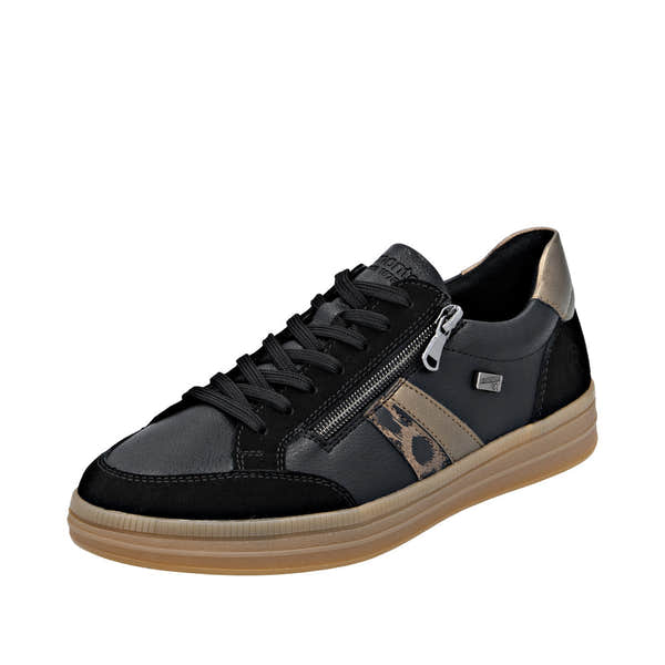 Remonte D2C04-03 women's black leather water-resistant trainer with zip and lace closures, beige accents, and cushioned sole.