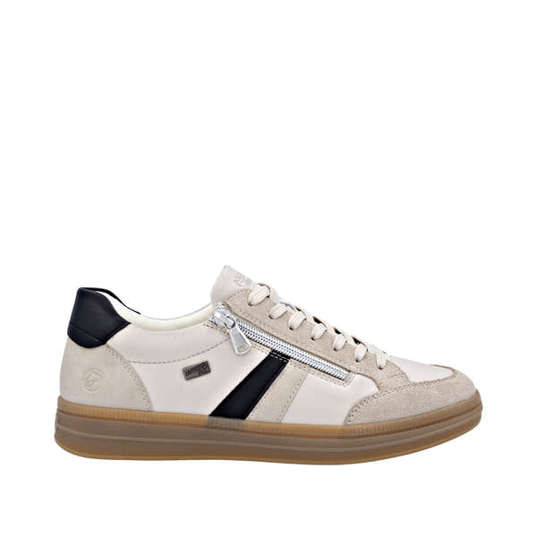 Remonte D2C04-62 women's wide nude leather water-resistant trainers with zip and lace-up closure, and black accent details.