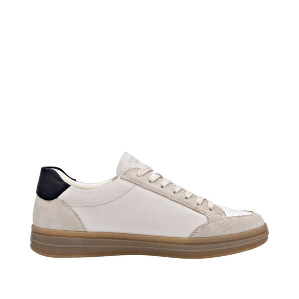 Remonte D2C04-62 women's wide nude leather water-resistant trainers with zip and lace-up design, beige sole, and black heel detail.