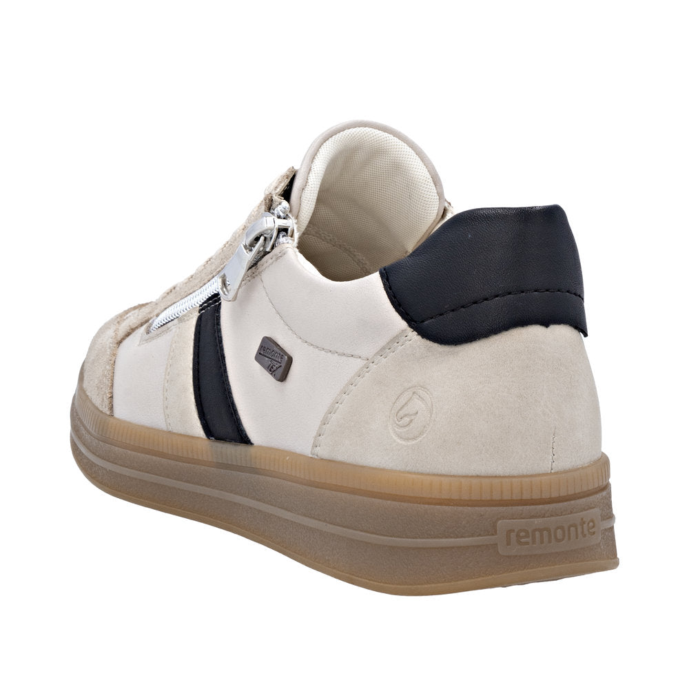 Remonte D2C04-62 women's wide-fit nude leather waterproof trainers with zip and lace closure, cushioned beige sole, and black heel detail.