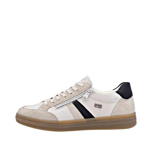 Remonte D2C04-62 women's wide-fit nude leather water-resistant trainers with zip, lace-up closure, and black accents.