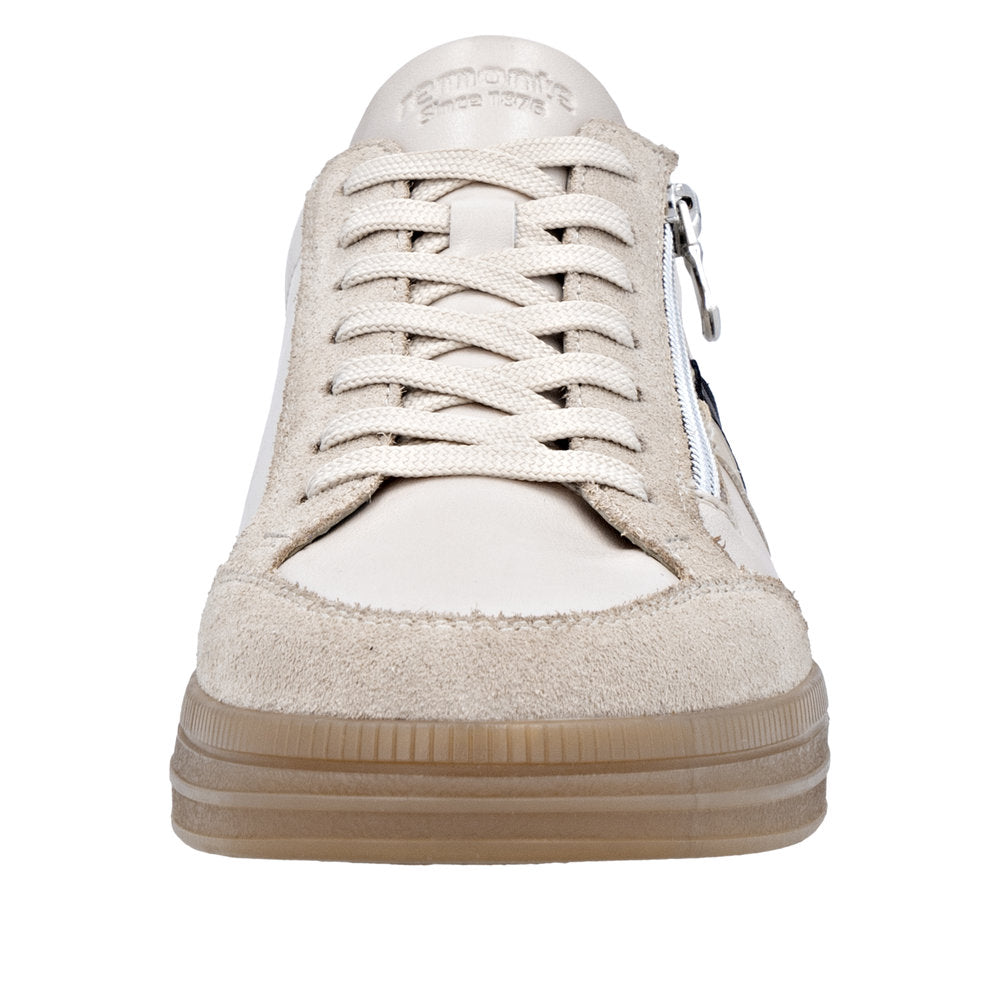 Remonte D2C04-62 women's wide nude leather water-resistant trainers with zip and lace-up closure.