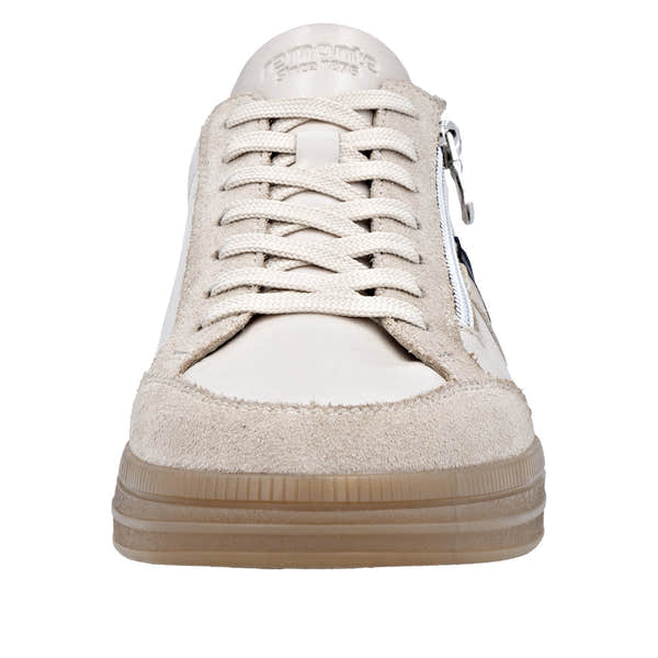 Remonte D2C04-62 women's wide nude leather water-resistant trainers with zip and lace-up closure.