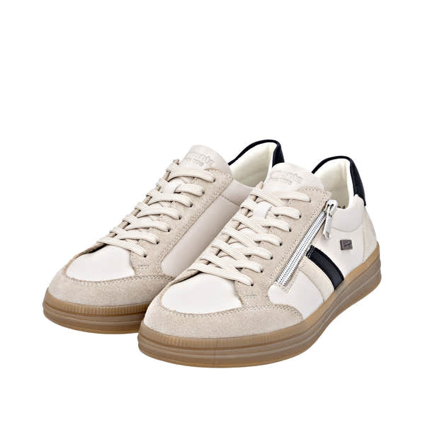 Remonte D2C04-62 women's wide-fit nude leather water-resistant trainers with zip and lace closure, beige and black accents, and cushioned sole.
