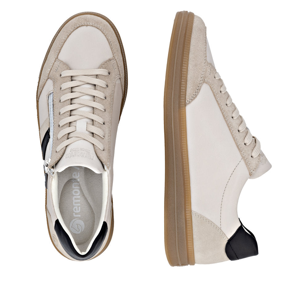 Remonte D2C04-62 women's wide fit nude leather water-resistant trainers with zip and lace-up closure, beige and black accents.