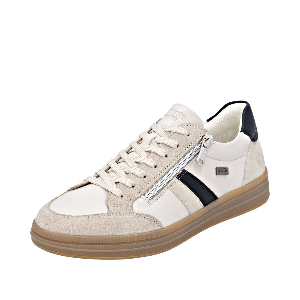 Remonte D2C04-62 women's wide nude leather water-resistant trainers with zip, lace-up closure, and beige rubber sole.