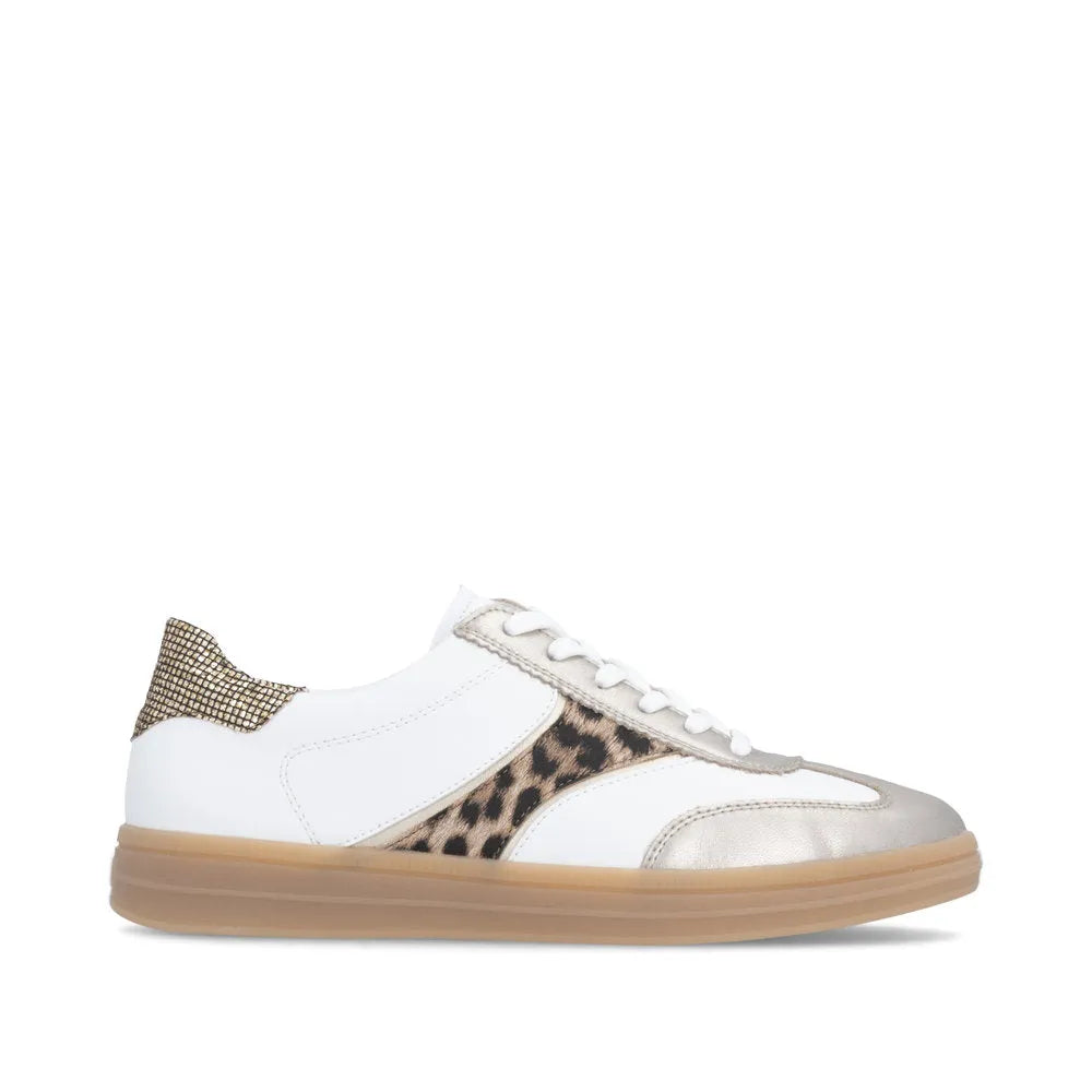White lace-up trainers with leopard accents and metallic details, featuring a gum rubber sole and stylish perforated sides.