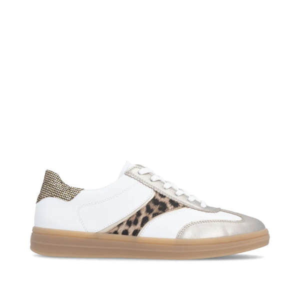White lace-up trainers with leopard accents and metallic details, featuring a gum rubber sole and stylish perforated sides.
