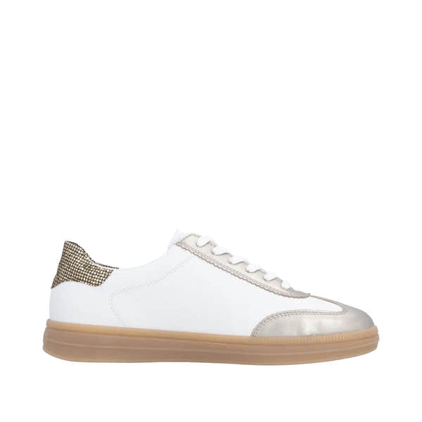 White and leopard lace-up trainers with metallic details and a cushioned gum sole for comfort. Stylish and sporty design.