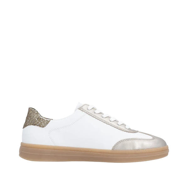 White and leopard lace-up trainers with metallic details and a cushioned gum sole for comfort. Stylish and sporty design.