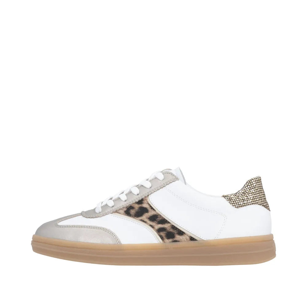 White and leopard print lace-up trainers with metallic accents and a gum sole, designed for ladies' wide feet.