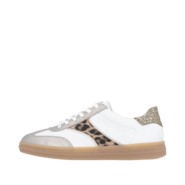 White and leopard print lace-up trainers with metallic accents and a gum sole, designed for ladies' wide feet.