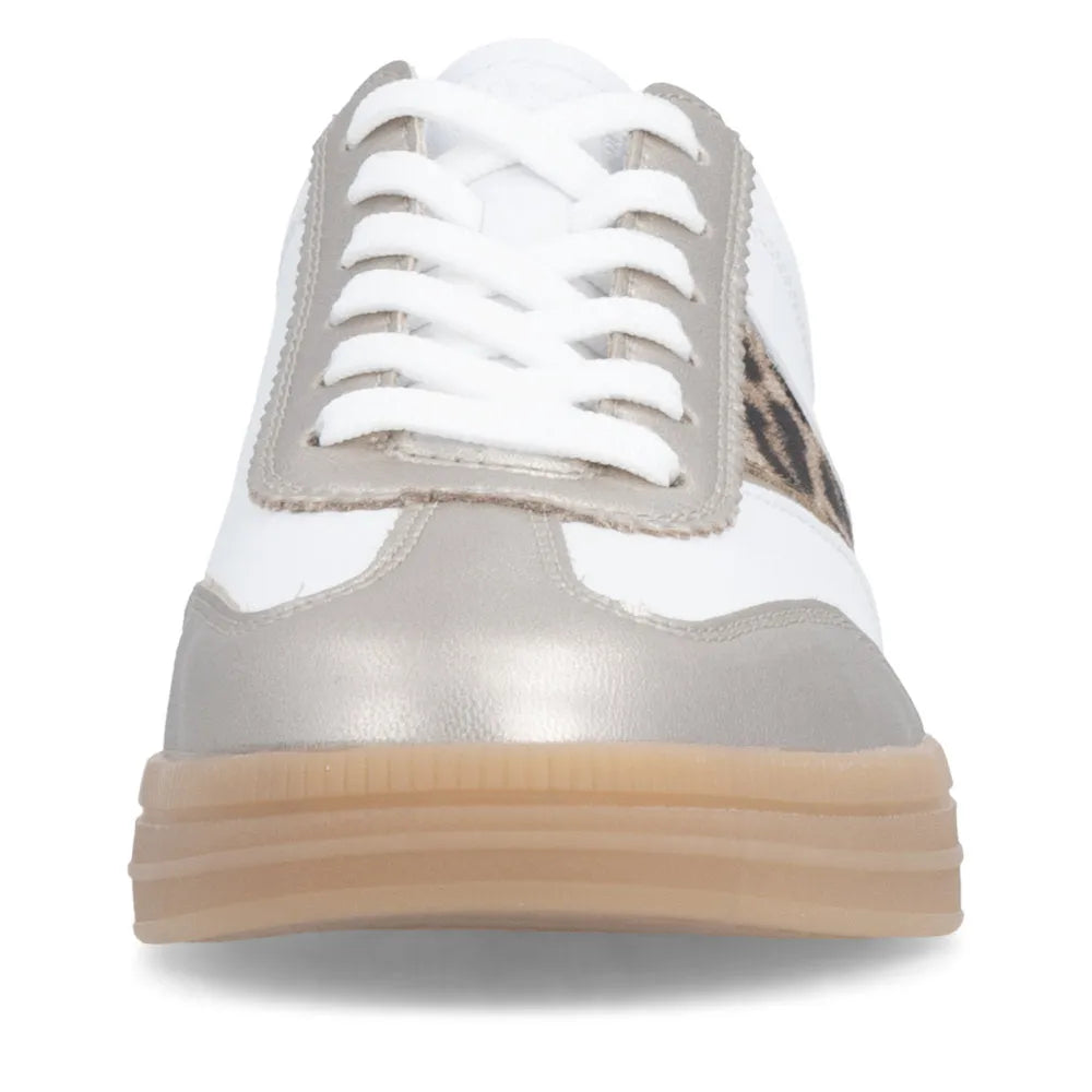 White and leopard print lace-up trainers with a shiny silver accent and a durable gum sole. Stylish and comfortable design.