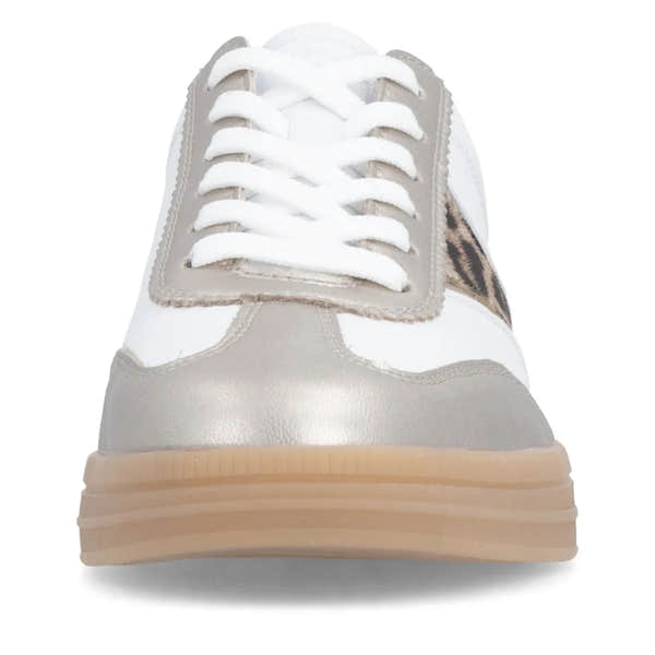 White and leopard print lace-up trainers with a shiny silver accent and a durable gum sole. Stylish and comfortable design.