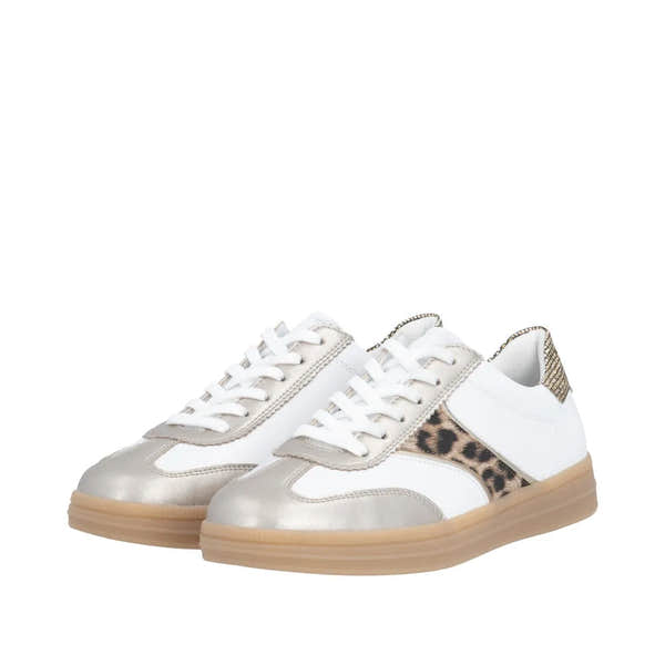 White and leopard print lace-up trainers with metallic accents and a chunky gum sole. Stylish and comfortable design.