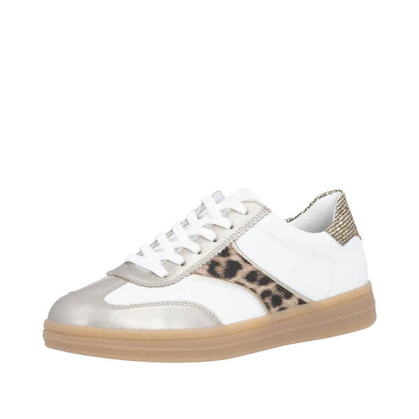 White lace-up trainers with leopard print accents and metallic silver details on a sporty silhouette.