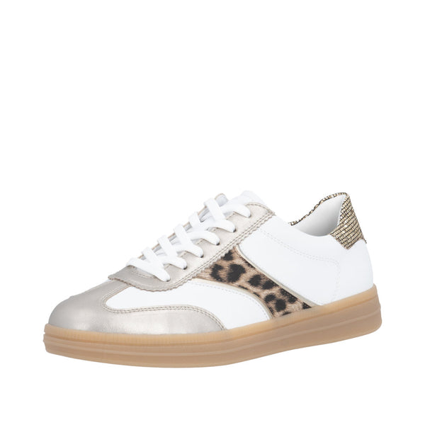 White lace-up trainers with leopard print accents and metallic silver details on a sporty silhouette.
