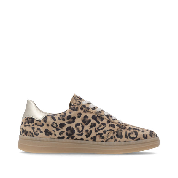 Leopard print sneaker with a beige sole on a white background