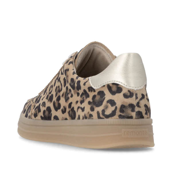 Leopard print sneaker with beige accents on a white background