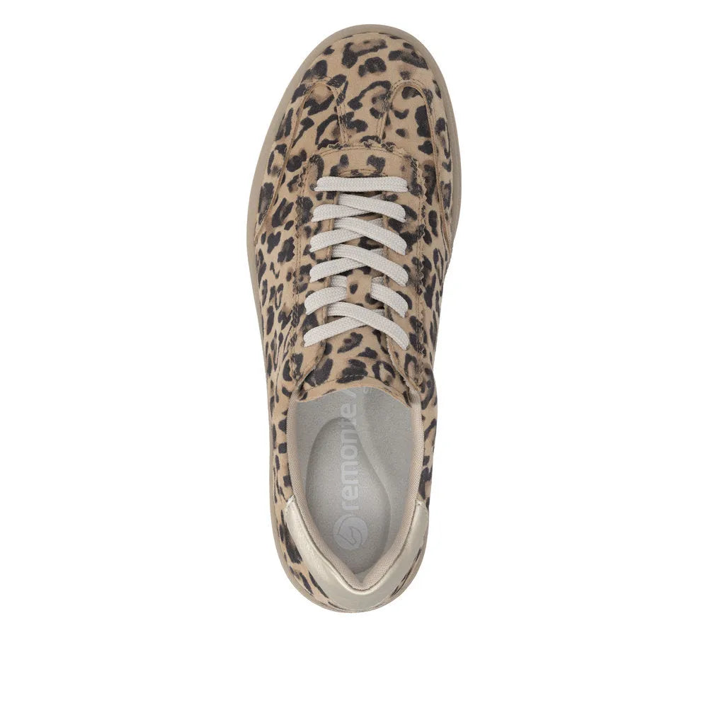 Leopard print sneaker with white laces on a white background