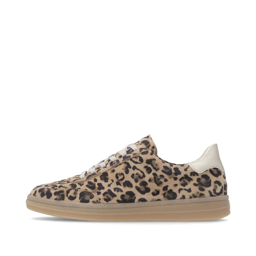 Leopard print sneaker with a white sole on a white background