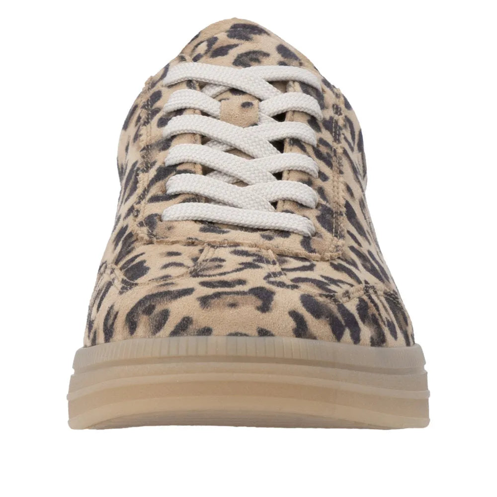 Leopard print sneaker with white laces on a white background