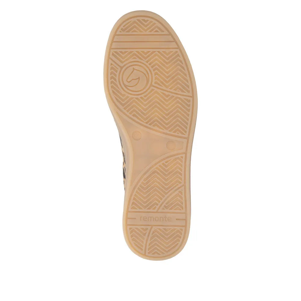 Tan shoe sole with remonte brand logo on a white background