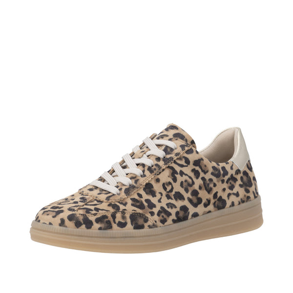 Leopard print sneaker with white laces on a white background