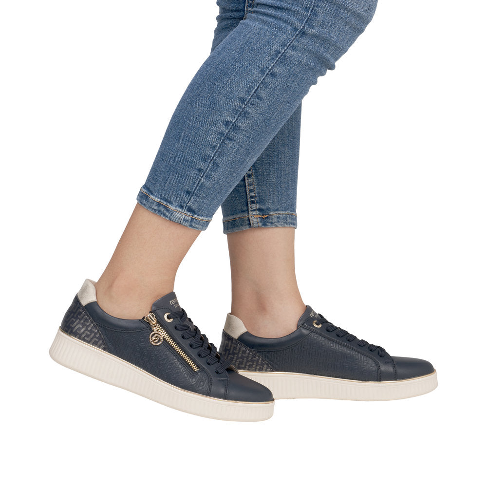 Remonte D2E00-14 ladies wide-fit leather sneakers with zip and lace closure, navy color, and white rubber soles.