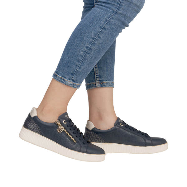 Remonte D2E00-14 ladies wide-fit leather sneakers with zip and lace closure, navy color, and white rubber soles.