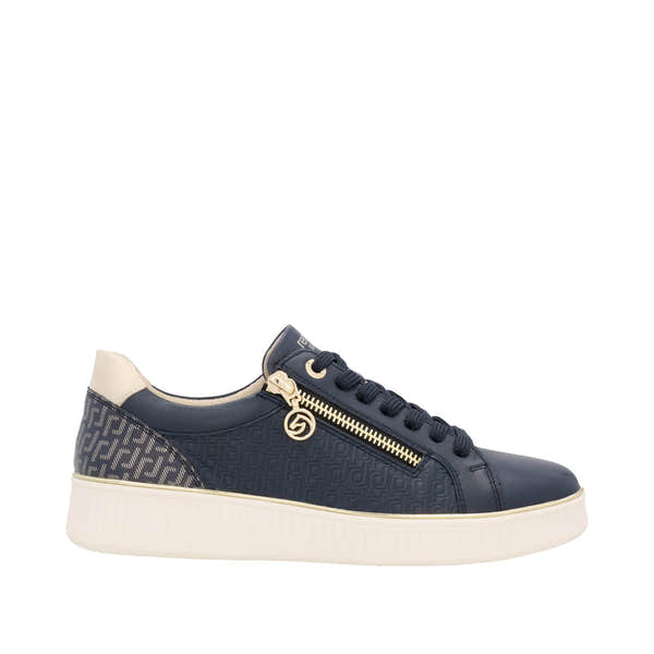 Remonte D2E00-14 women's wide leather sneakers with gold zipper and lace-up design, navy color, and white sole.