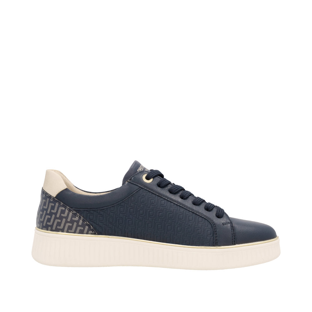 Remonte D2E00-14 women's wide fit leather sneakers with navy blue zip and lace-up closure, cream accents, and textured design.