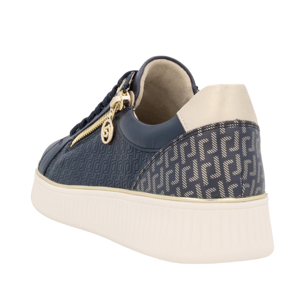 Remonte D2E00-14 women's wide-fit leather lace-up shoes with zip, beige and navy color, patterned details, and white sole.