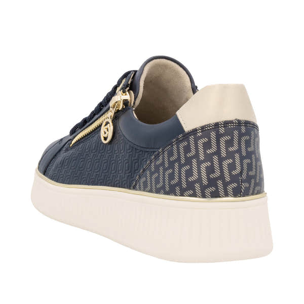 Remonte D2E00-14 women's wide-fit leather lace-up shoes with zip, beige and navy color, patterned details, and white sole.