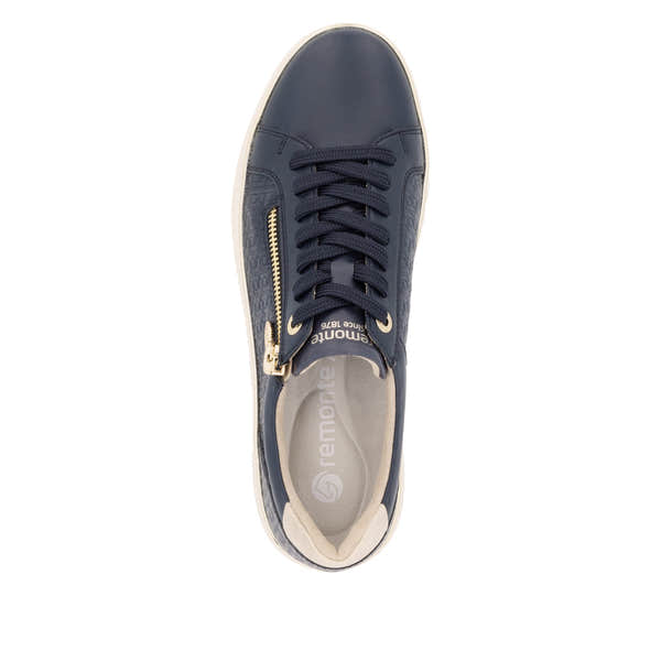 Remonte D2E00-14 women's wide-fit navy leather zip and lace-up shoes with white sole and stylish gold zipper detail.