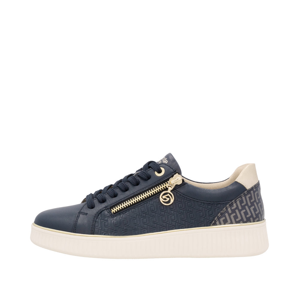 Remonte D2E00-14 women's navy leather sneakers with gold zipper detail, lace-up closure, wide fit, and white rubber sole.