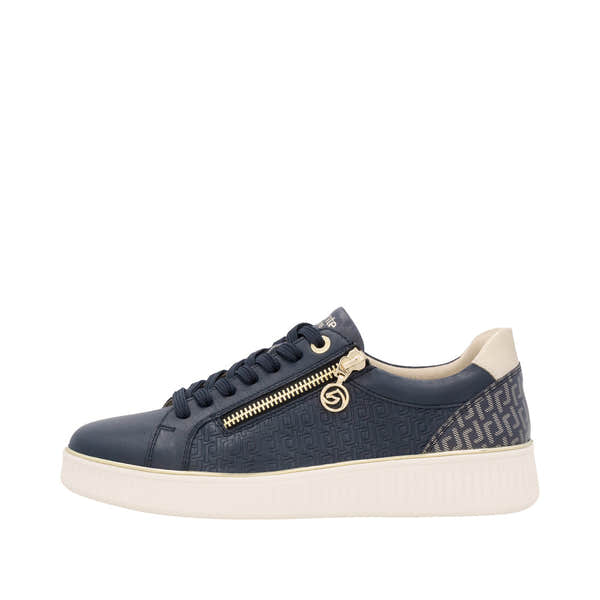 Remonte D2E00-14 women's navy leather sneakers with gold zipper detail, lace-up closure, wide fit, and white rubber sole.