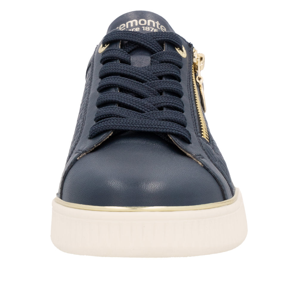 Remonte D2E00-14 women's wide Pacific leather sneakers with zip and lace detail, navy blue color, and white sole.