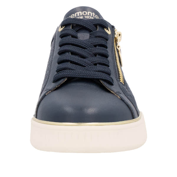 Remonte D2E00-14 women's wide Pacific leather sneakers with zip and lace detail, navy blue color, and white sole.