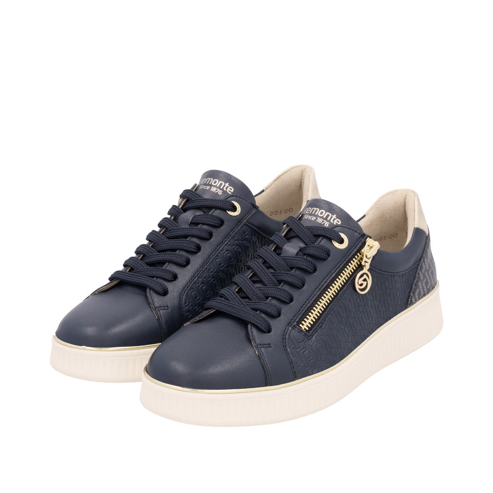 Remonte D2E00-14 women's wide-fit leather sneakers with lace-up, side zipper, and beige accents.