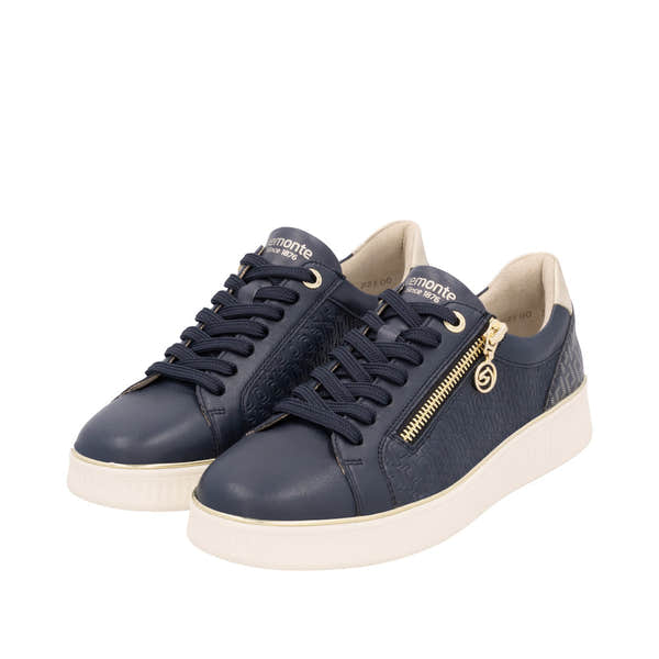 Remonte D2E00-14 women's wide-fit leather sneakers with lace-up, side zipper, and beige accents.