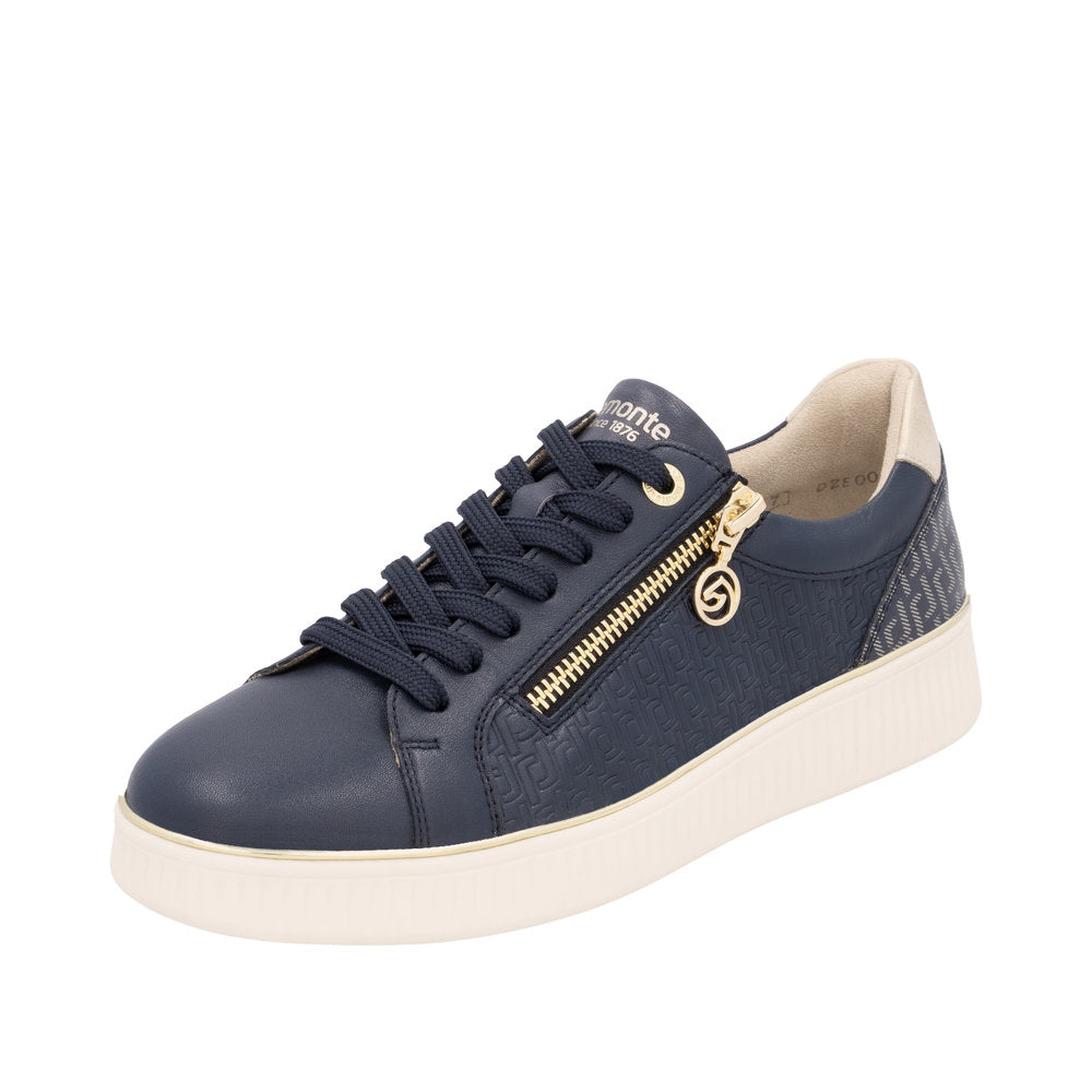 Remonte D2E00-14 women's navy leather sneakers with lace-up, side gold zipper, and beige heel, featuring embossed and patterned design.