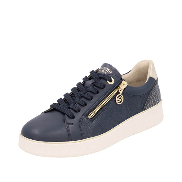 Remonte D2E00-14 women's navy leather sneakers with lace-up, side gold zipper, and beige heel, featuring embossed and patterned design.