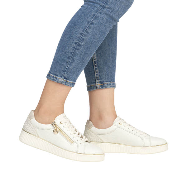 Remonte D2E00-80 women's wide white leather zip and lace-up shoes with textured accents and thick sole.