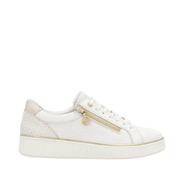 Remonte D2E00-80 women's wide white leather sneakers with zip and lace closure, gold zipper detail, and textured design.