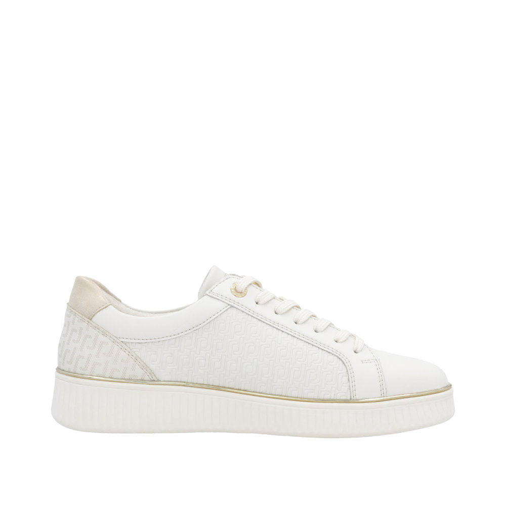 Remonte D2E00-80 women's wide white leather sneakers with zip and lace-up design, cushioned sole, and stylish details.