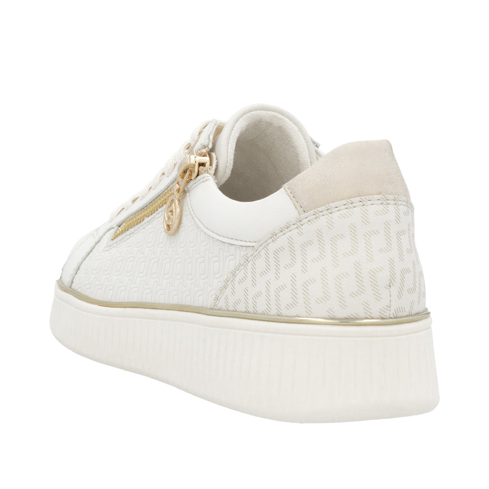 Remonte D2E00-80 ladies wide white leather shoes with zip, lace-up closure, and cushioned sole featuring stylish branding details.
