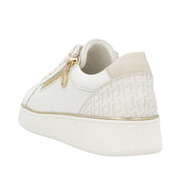 Remonte D2E00-80 ladies wide white leather shoes with zip, lace-up closure, and cushioned sole featuring stylish branding details.